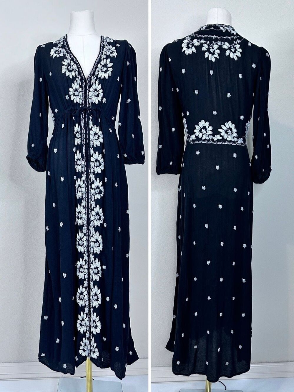 Free People Embroidered Fable Maxi Dress M Black White Floral Boho V Neck - Picture 5 of 16
